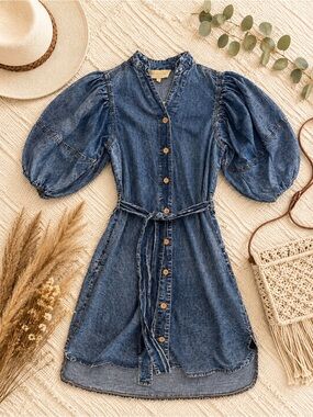 Denim Button-Front Puff Sleeve Dress - Blue